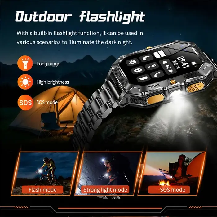 Montre connectée d'extérieur avec écran HD de 2,01 pouces, batterie de 1400 mAh, étanche IPX8, plus de 120 modes sportifs, appels BT5.3, lampe de poche LED, moniteur de santé.