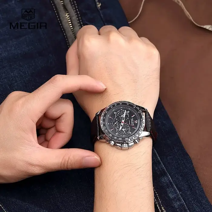 Montre à quartz pour homme MEGIR 1010 avec bracelet en cuir