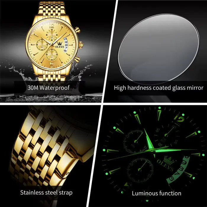 OLEVS marque de luxe montre à Quartz en or pour hommes en acier inoxydable étanche Sport multifonction chronographe