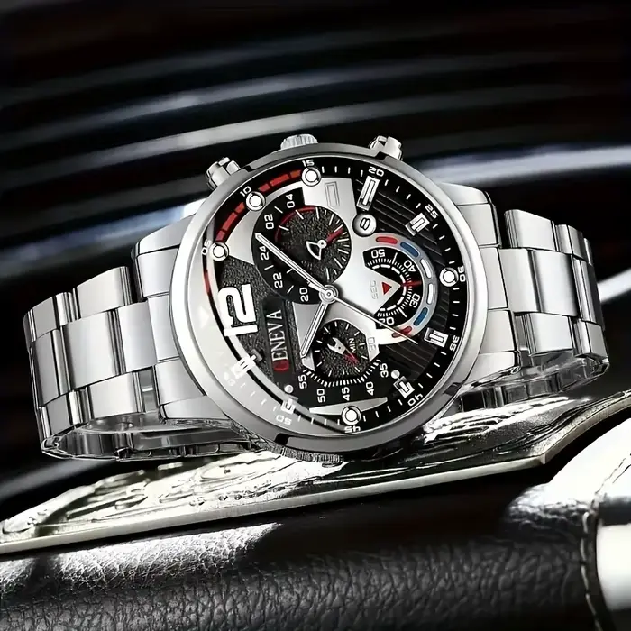 Ensemble de montre à quartz pour hommes 8 pièces, avec un cadran circulaire noir, un bracelet, un collier et une bague