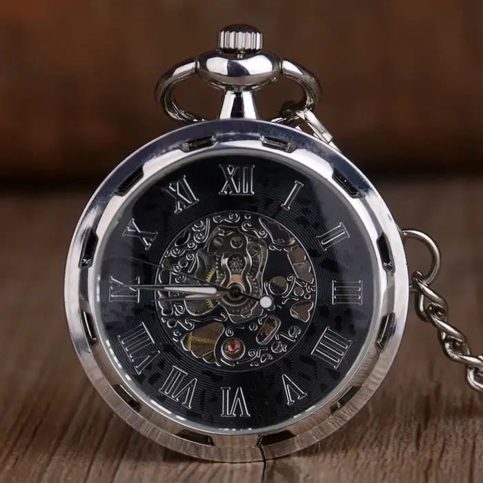 Montre de poche mécanique squelettée noire/argentée