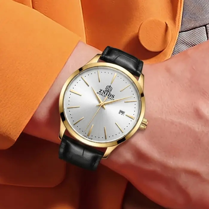 Montre-bracelet mécanique pour homme, très élégante et simple, avec mouvement automatique, design ajouré, étanche, cadran avec calendrier, bracelet en cuir, idéale pour les trajets quotidiens. Montre 