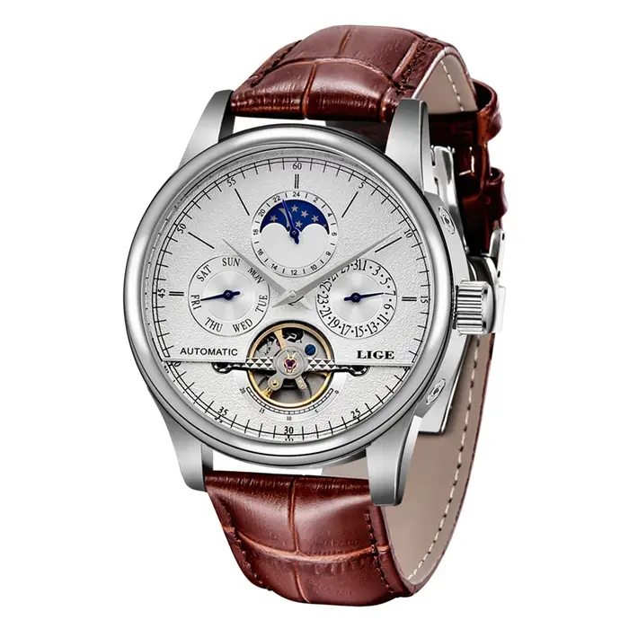 LIGE hommes montres automatique montre mécanique Tourbillon horloge en cuir véritable