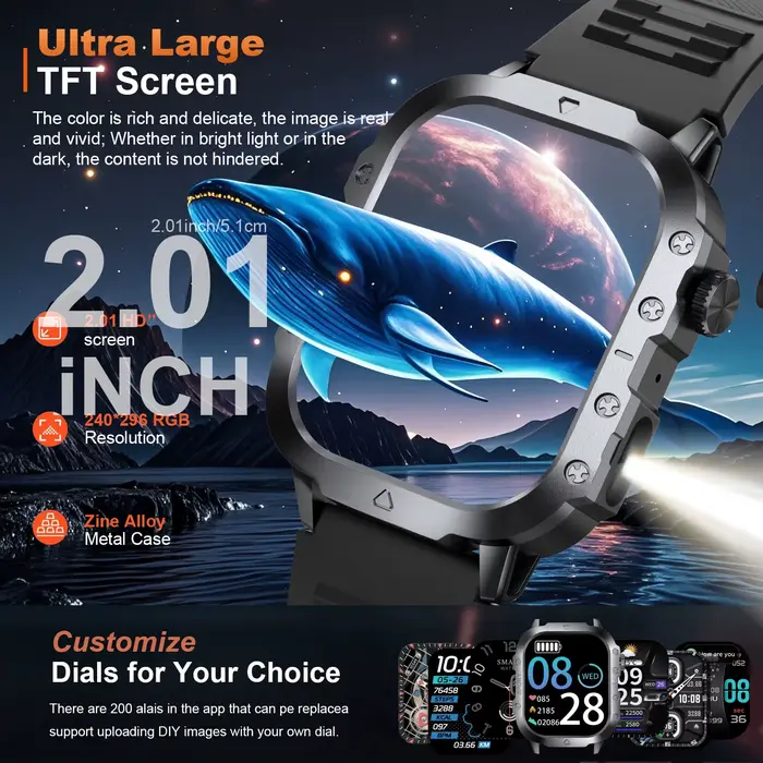 Montre connectée de 2, 01 pouces avec lampe torche LED