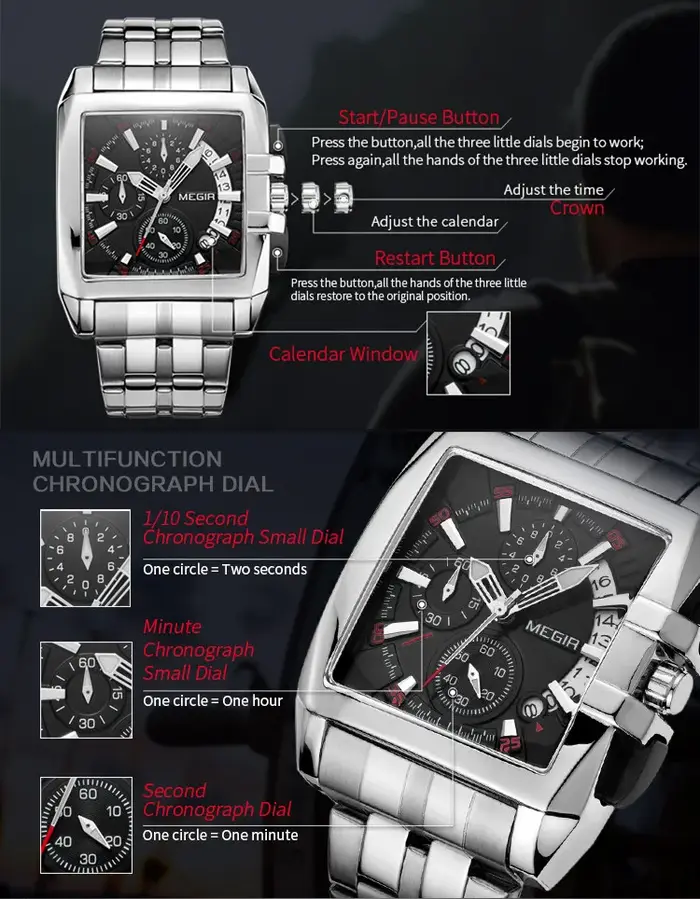 MEGIR Original luxe hommes montre en acier inoxydable
