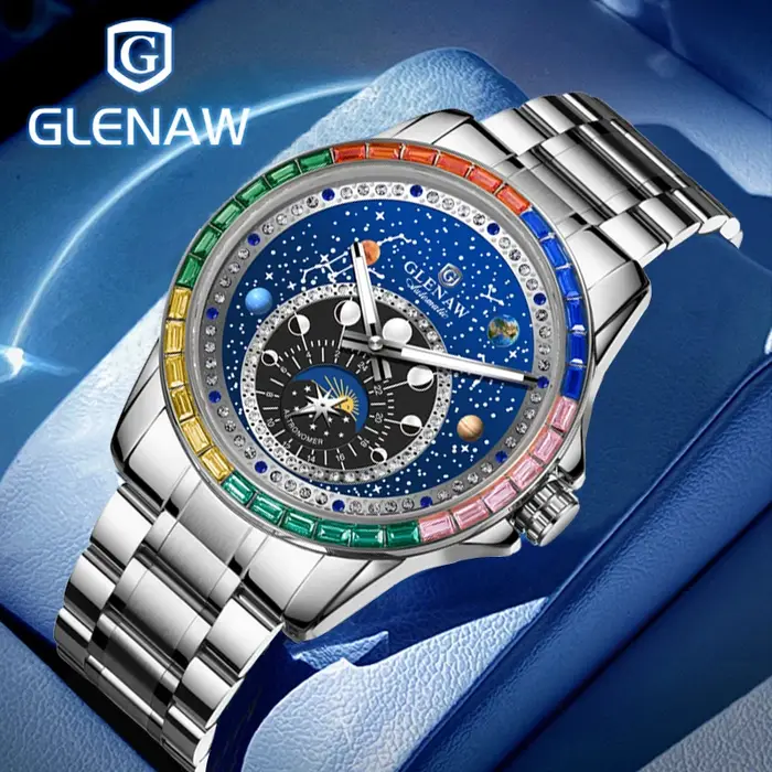 2025 nouveau GLENAW Design arc-en-ciel cercle montre mécanique hommes Constellation cadran veilleuse étanche haut de