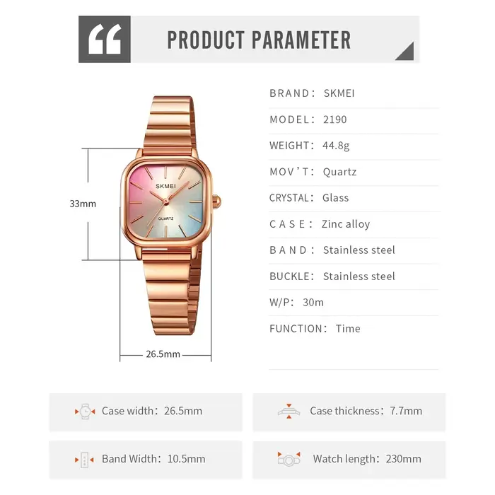 SKMEI 2190 pour dames femme fille femmes montres étanche horloge reloj mujer luxe bracelet en acier inoxydable montre-bracelet à Quartz