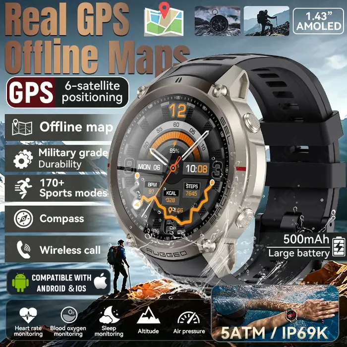 Montre connectée GPS de plein air LIGE, précision supérieure, téléchargement de cartes hors ligne, b