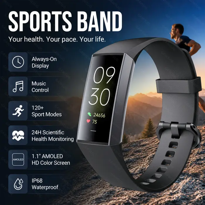 Montre connectée AMOLED avec affichage permanent, mesure de la pression artérielle et de la températ
