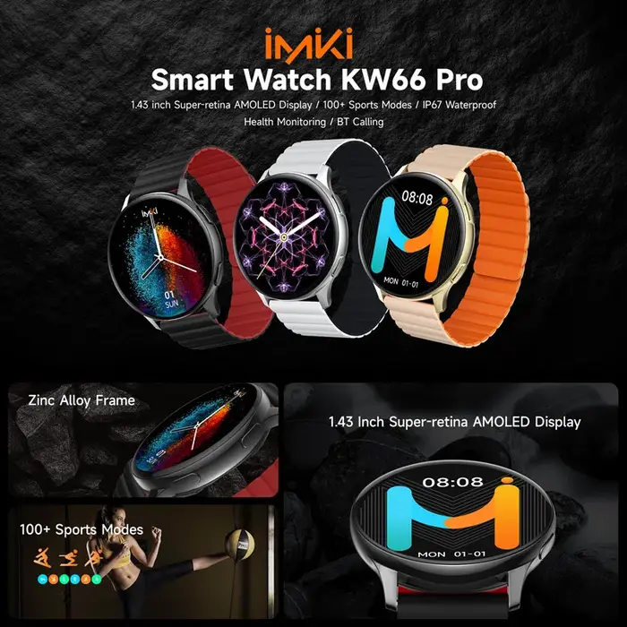 Montre connectée IMIKI KW66 Pro avec écran AMOLED HD de 1,43 pouces, batterie de 270 mAh, étanche, pour le sport, avec suivi de la fréquence cardiaque et appels Bluetooth
