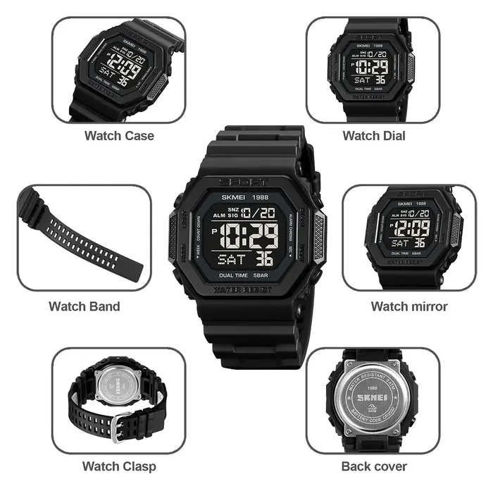 SKMEI mode sport montre numérique pour hommes femmes 5Bar étanche compte à rebours Chrono militaire montre-Bracelet et Bracelet Reloj Hombre