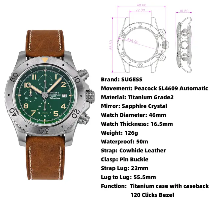 Sugess – montre chronographe en titane pour hommes