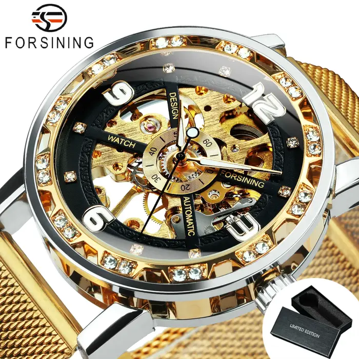 Forsining montres mécaniques de luxe aiguilles lumineuses montre squelette rétro en or pour hommes b