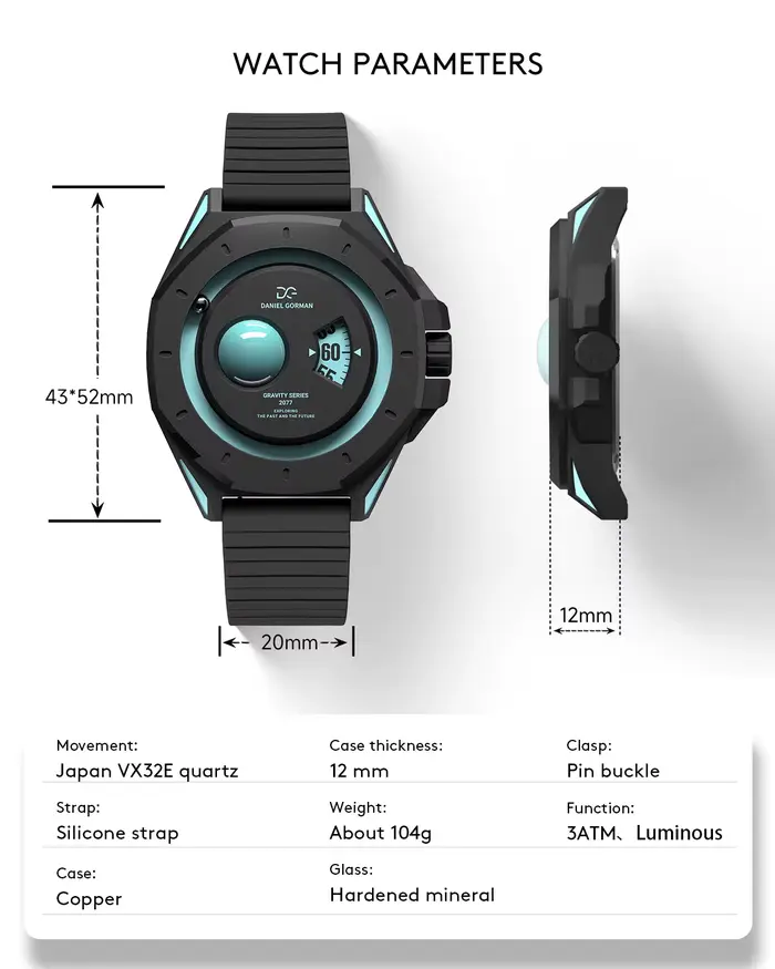 Montre à quartz pour homme Daniel Gorman Gravity Series - Cadran bleu glace Uranus, design science-fiction, montre sport avec bracelet en silicone