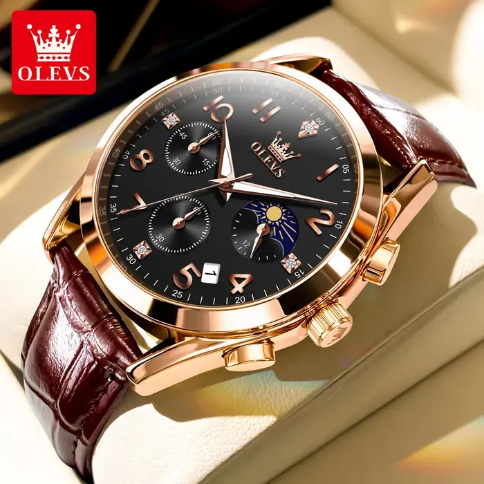 Montre-bracelet à quartz OLEVS 2890 pour homme, style sport décontracté, phase de lune, chronographe