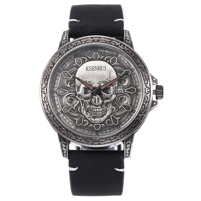 Cool hommes montre crâne visage conception mode acier bracelet en cuir rétro montre à Quartz hommes 