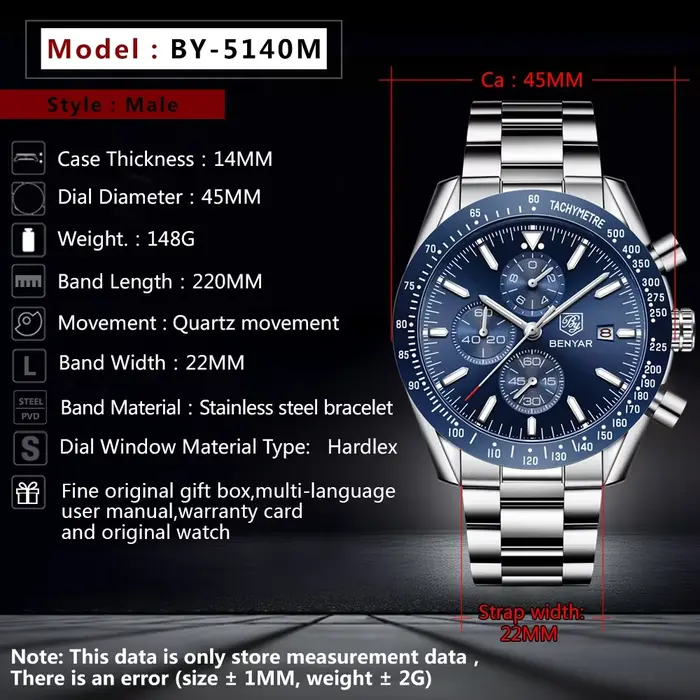 Hommes montre BENYAR Top marque de luxe en acier affaires