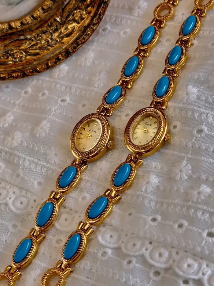 1 montre française élégante et tendance pour femme avec bracelet incrusté de pierres précieuses turquoise artificielles