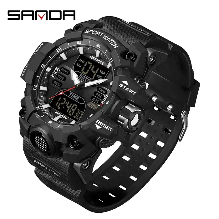 SANDA double affichage hommes montres étanche montre de sport militaire homme alarme chronomètre Quartz montre-bracelet mâle LED horloge numérique 6126