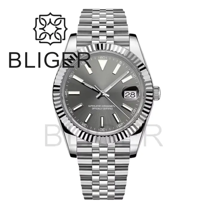 BLIGER 36mm/39mm montre DJ pour hommes lunette cannelée verre saphir étanche en acier inoxydable fermoir Glidelock cadran lumineux Sunburst