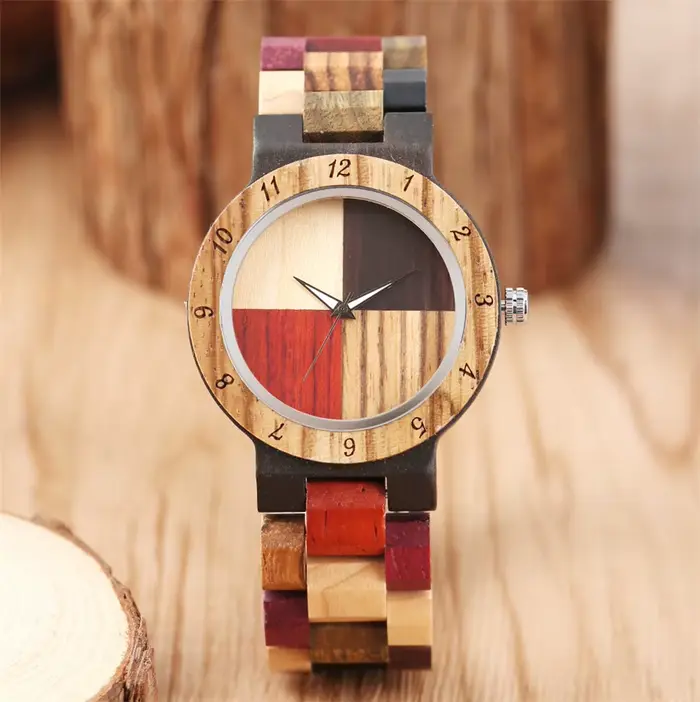 Bracelet en bois montre-Bracelet à Quartz pour femme 4 couleurs cadran mixte naturel entièrement