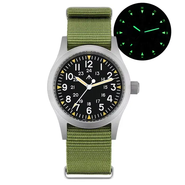 Militado ML05 38mm montre militaire mis5 2035 mouvement bombé saphir cristal C3 vert lumineux 10Bar