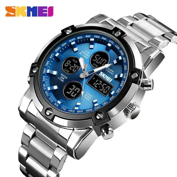 SKMEI 1389 Bracelet montre-Bracelet horloge montre à Quartz numérique hommes trois fois étanche