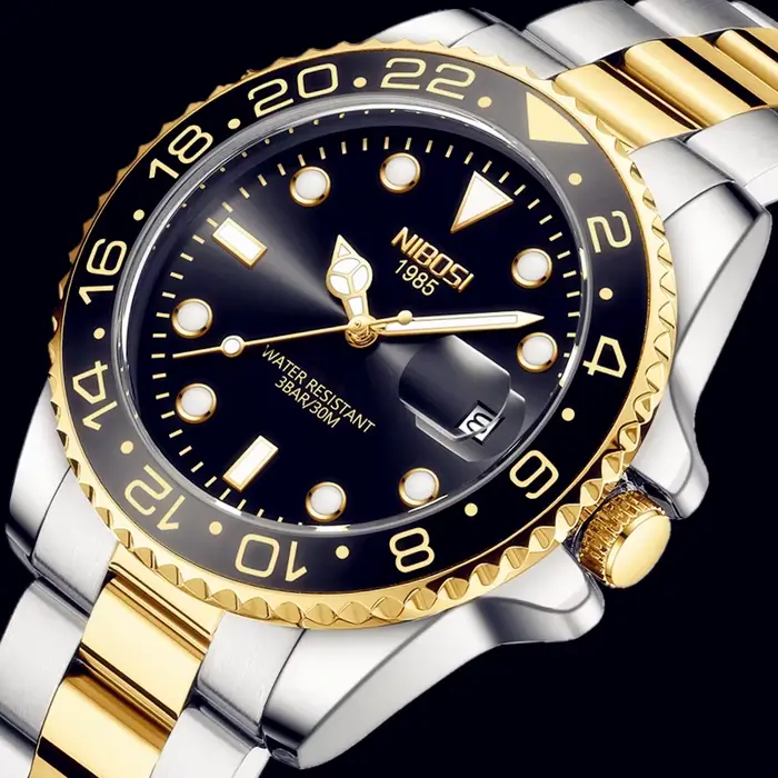 NIBOSI or noir montre hommes Top marque de luxe Quartz hommes montres étanche lumineux en acier inox