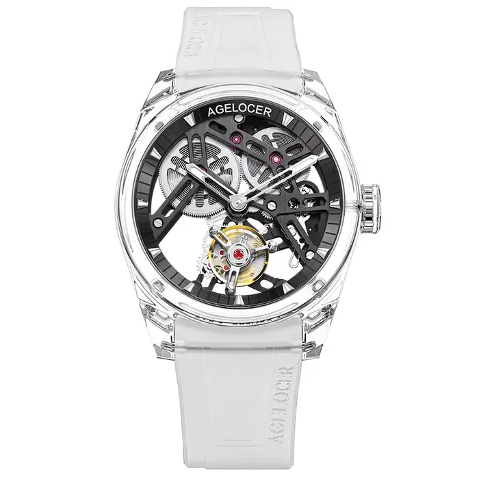 AGELOCER Édition Limitée "Ice Never Melts" Montre Tourbillon à Cristaux à Ressort Libre Montres Méca