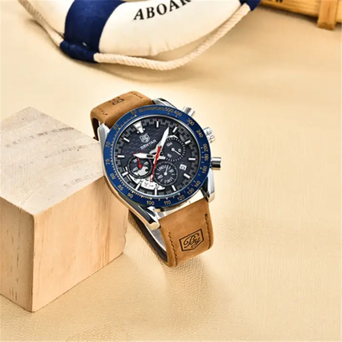 Benyar Design-Montre à quartz en cuir pour homme, chronographe Shoous, marque de sport, mode vintage, étanche à 30m, 45mm
