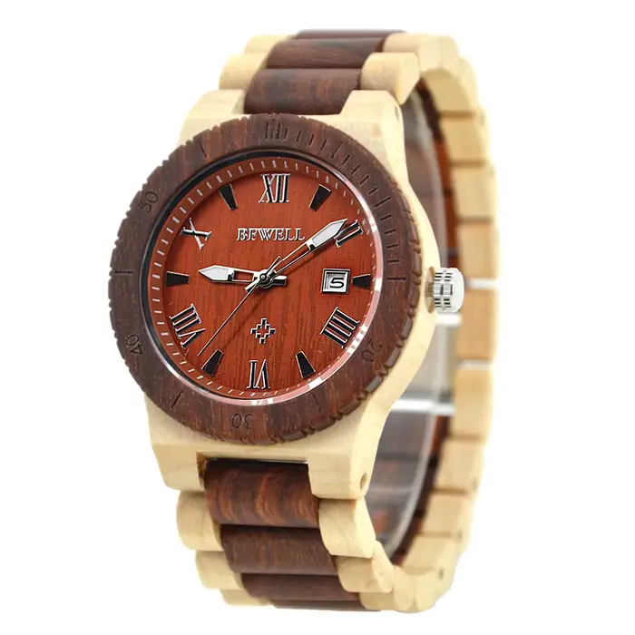 Montre Bracelet Homme en Bois Cadran Rond Faite Main Légère Date Lumineuse Quartz pour Port Quotidien Décontracté