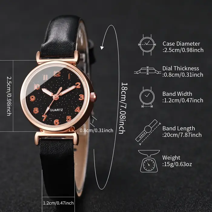 Montre à quartz avec bracelet en cuir et cadran ciel étoilé pour femme