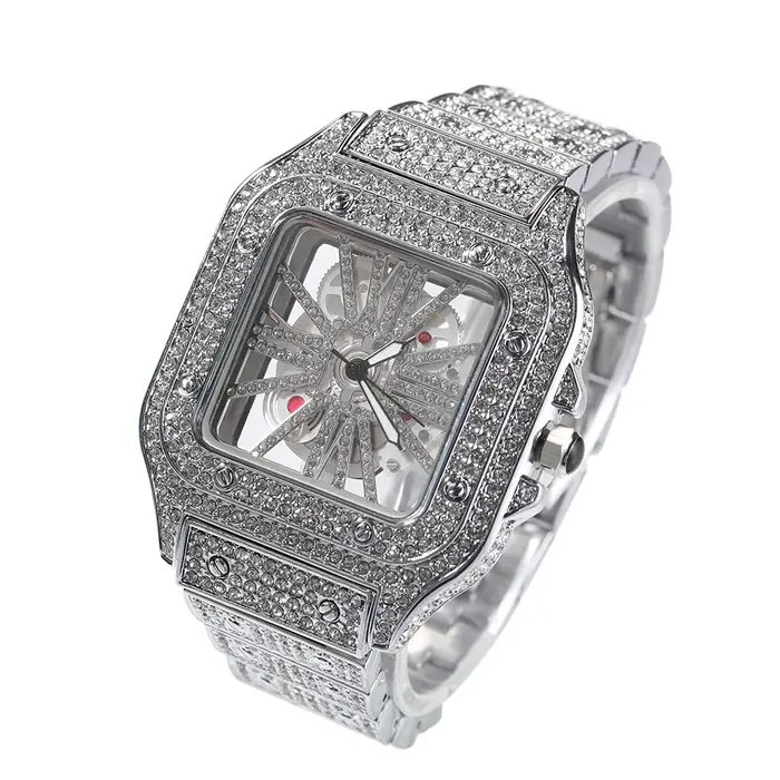 Uwin glacé montre pour hommes cadran carré Quartz marque de luxe montres automatiques squelette horloge Hiphop Relogio