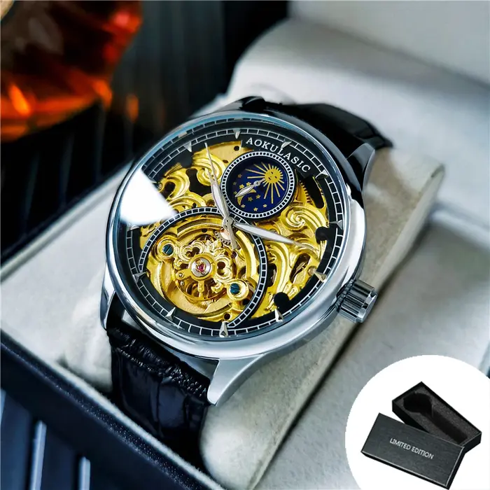 AOKULASIC Tourbillon hommes montres haut de gamme de luxe squelette automatique montre mécanique bracelet en cuir décontracté Phase solaire mâle horloge