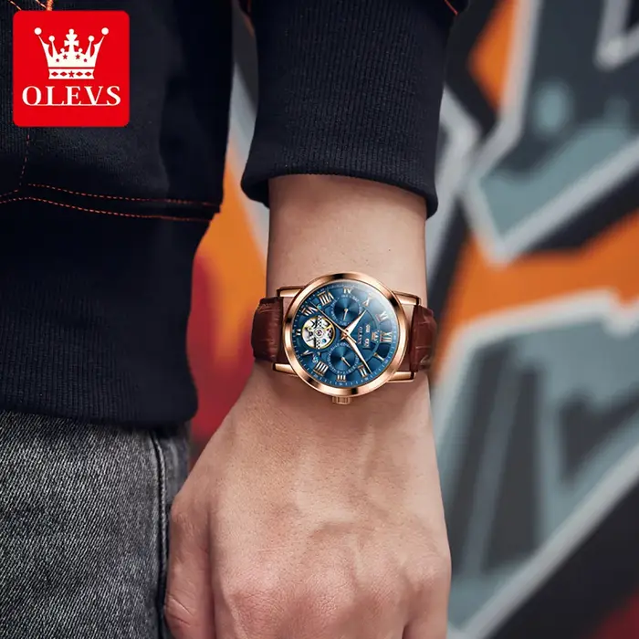 OLEVS 6668 Top marque hommes montres tendance mode automatique mécanique montre-bracelet bracelet en cuir étanche montre lumineuse pour homme