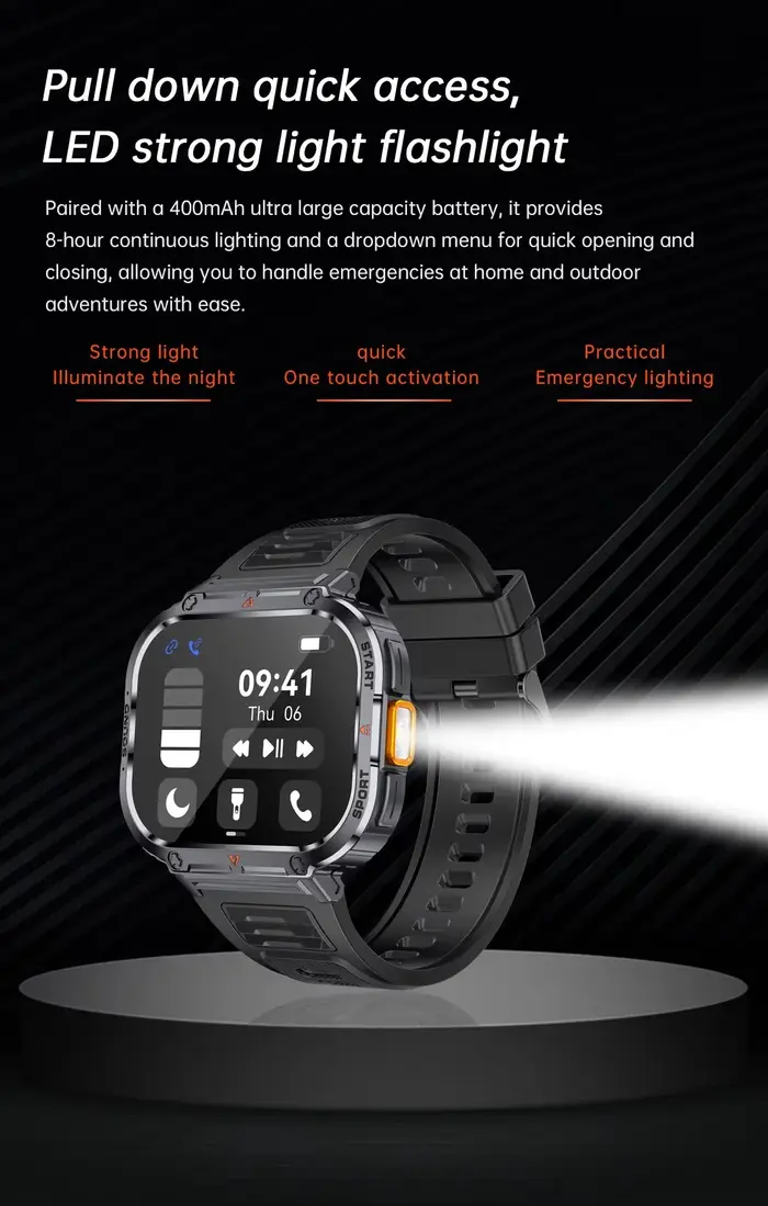 Montre intelligente 2 pouces Ultra grand écran NX23 lumière LED lampe de poche BT appel AI voix 400mAh hommes Fitness sport Tracker Smartwatch