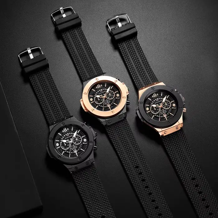 Montre de sport en Silicone noir pour hommes, main ajourée de 46mm, grand cadran, or Rose, Style mil