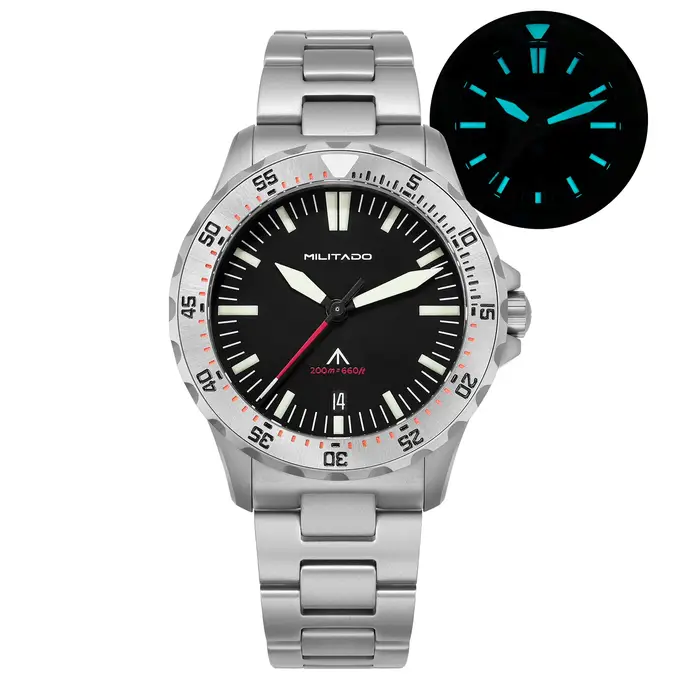 Montre de plongée à quartz Militado ML16 39 mm, verre saphir, résistance à l'eau 200 m, lunette en céramique, luminescence BGW9, couronne à visser