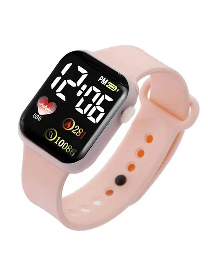 Montre électronique rectangulaire en silicone rose pour femmes