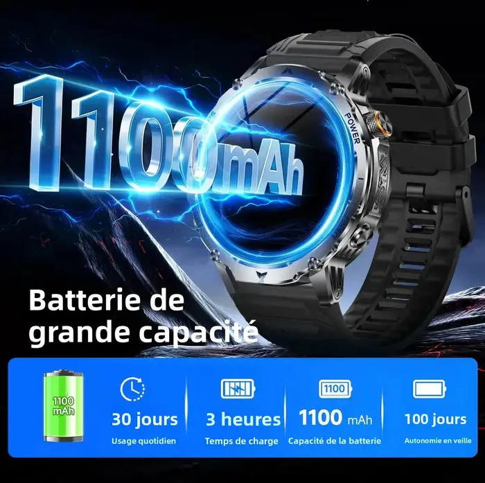 Montre connectée militaire GPS pour hommes, batterie de grande capacité 1100mAh, lampe de poche + boussole SOS, appel Bluetooth, montres de sport étanches 10ATM