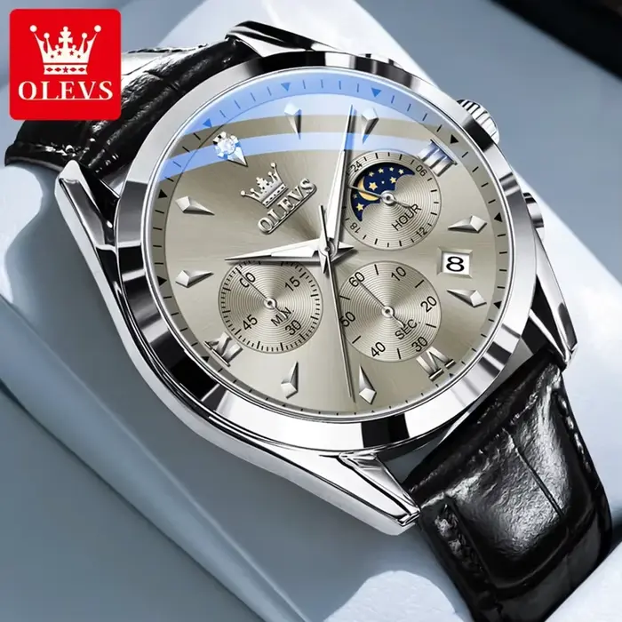 OLEVS 3609 Original Phase de lune chronographe montre pour hommes en cuir étanche lumineux luxe Quartz