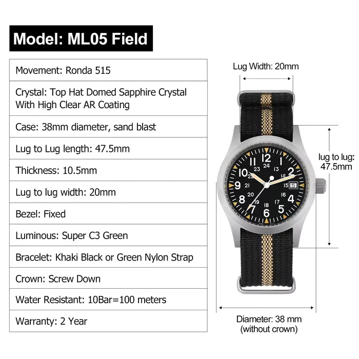 Militado ML05 38mm montre de terrain militaire Ronda 515 mouvement à Quartz dôme saphir cristal étanche 100M montres Super lumineuses