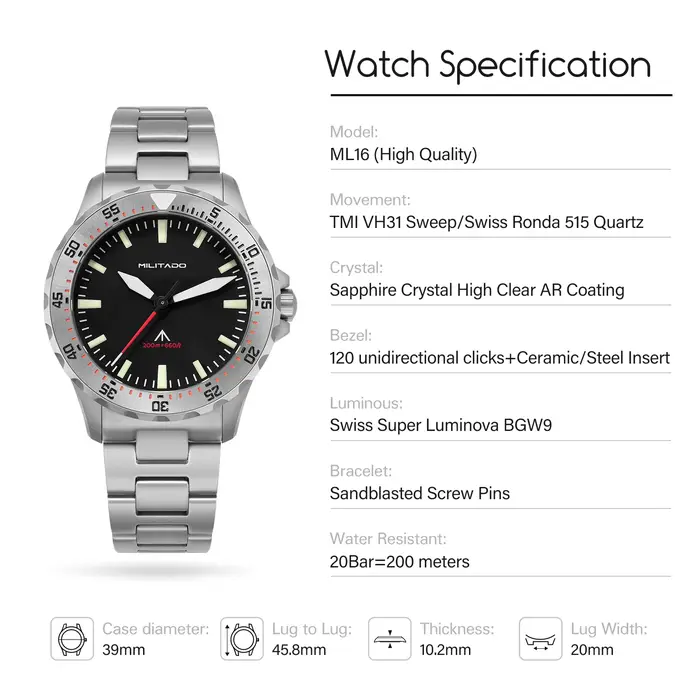 Militado – montre de plongée ML16 39mm