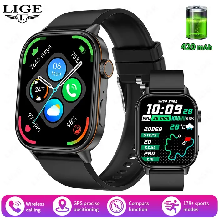 Montre connectée GPS LIGE pour femmes, écran HD 2.01 pouces, fréquence cardiaque, appels Bluetooth,