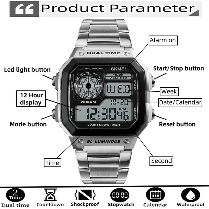 Skmei-Montre numérique en acier inoxydable pour homme