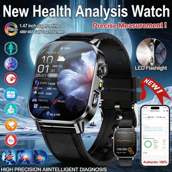 Nouvelle Montre Connectée 2026 pour l'Analyse de la Santé (Acide Urique & Lipides) avec ECG+PPG, App