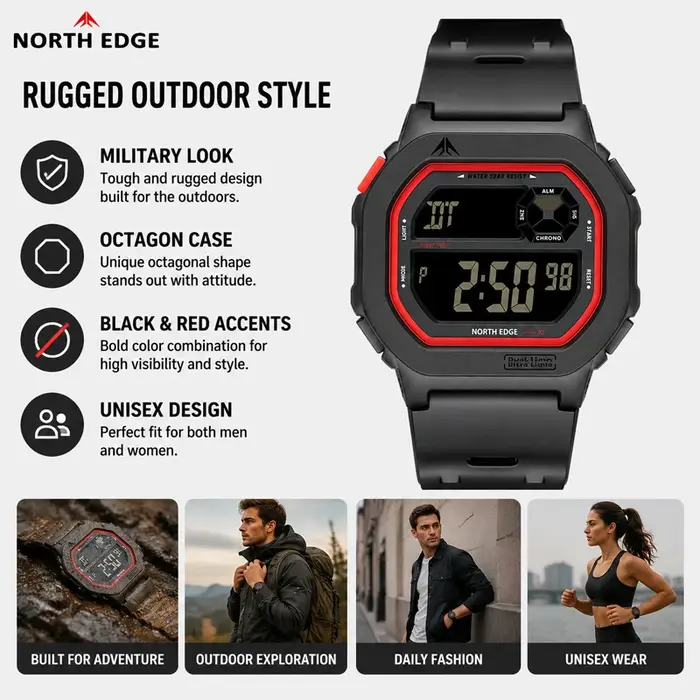 Montre numérique à écran carré NORTH EDGE X1 2026 pour hommes et femmes