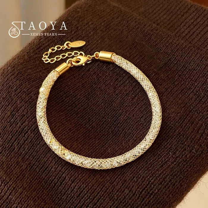 Nouveau Bracelet en Maille Métallique Dorée Incrusté de Zircone pour Femme