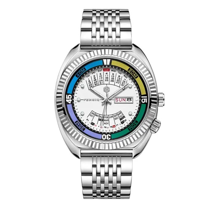 Montre Homme Quartz Squelette Business Décontractée Sportive en Acier avec Double Calendrier et Fond Scellé