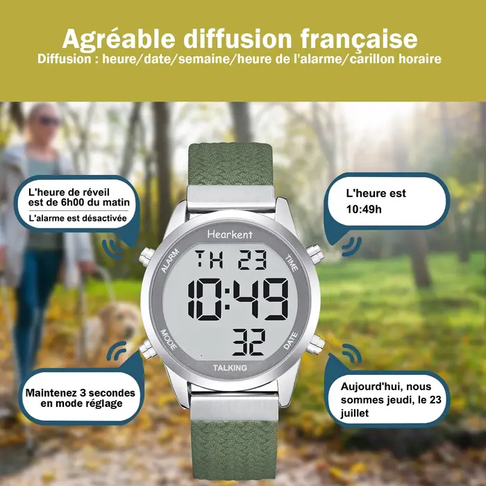Montre parlante Hearkent en français pour personnes aveugles avec alarme